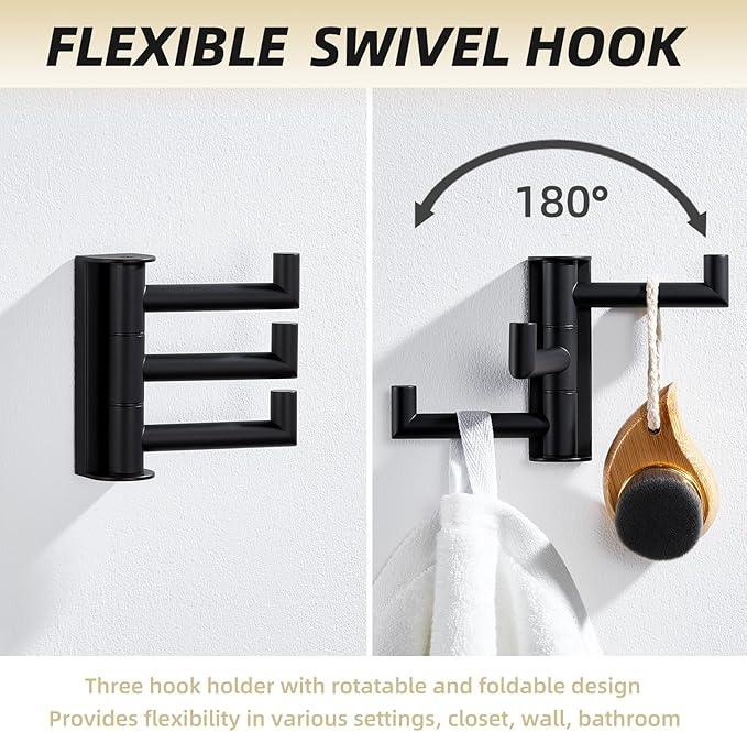 APLusee Swivel Towel Hook, 304 Stainless Steel Foldable Clothes Hook with Multi Three Rotating Arm, Flexible Bathroom Kitchen Storage Hanger Wall Mounted, Matte Black - ModernBath