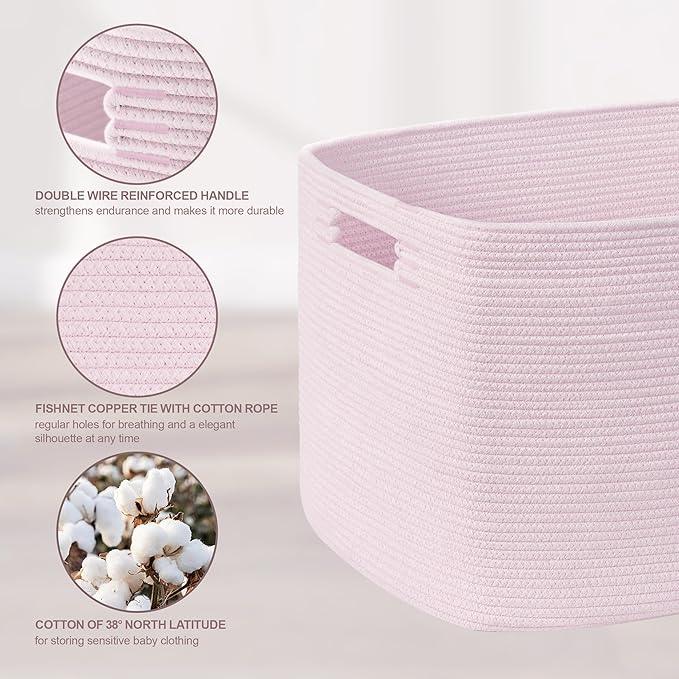 72L Large Baby Girls Laundry Basket for Nursery Storage,Cute Woven cotton Rope Baskets for Kids Toy，Gifts, Boho Square Wicker Blanket hamper for Living Room,Bedroom Dirty Clothes,Pink - ModernBath