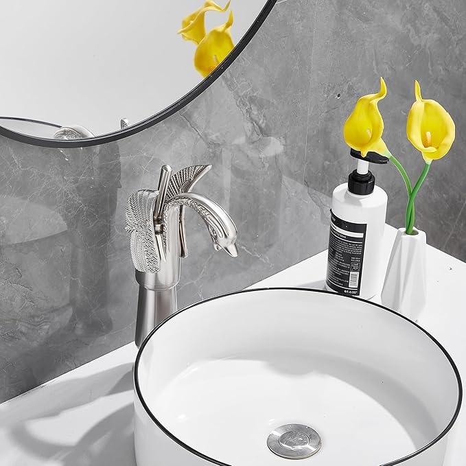 GGStudy Brushed Nickel Swan Shape Single Handle 1Hole Bathroom Vessel Sink Faucet Deck Mount Lavatory Sink Faucet - ModernBath