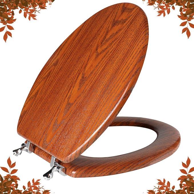 Elongated Toilet Seat Molded Wood Toilet Seat with Zinc Alloy Hinges, Easy to Install also Easy to Clean, Anti-pinch Wooden Toilet Seat by Angol Shiold (Elongated, Brownish Yellow) - ModernBath