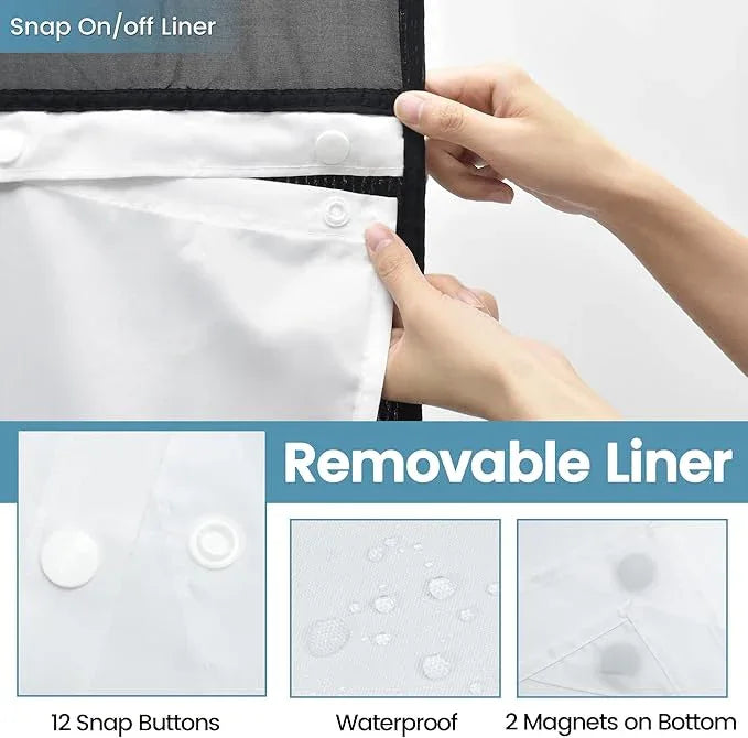 EUTXL Long No Hook Shower Curtain with Snap in Liner,230GSM Waffle Weave Shower Curtains for Bathroom,71W x 77H(75"),Black - ModernBath
