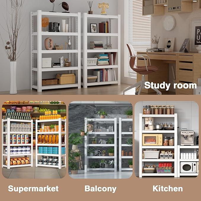 WORKPRO House 5-Tier Shelving Unit, 3000lbs Adjustable Storage Shelves, Boltless Book Shelf, Shelf Organizer for Kitchen, Living Room, Bathroom, Wood Grain Pattern, Waterproof Board, 24-1/10"W, White - ModernBath