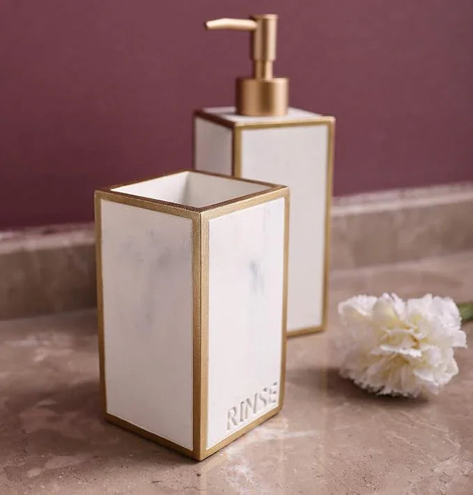 Hymmah Bathroom Accessories Set,Toothbrush Holder,Farmhouse Bathroom Decor,4 Pcs Resin Gift Set Apartment Necessities, Contain Toothbrush Cup,Soap Dispenser,Soap Dish,Tumbler - ModernBath