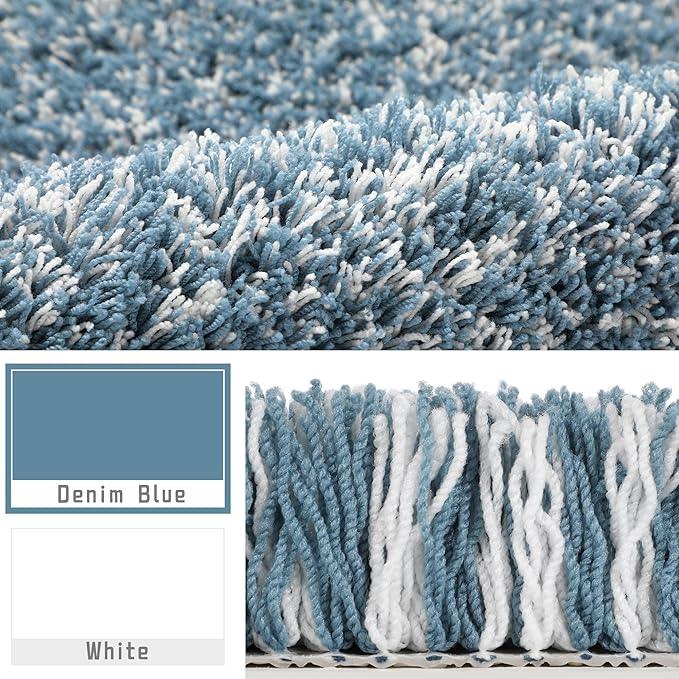 Yimobra Toilet Rugs U Shaped Washable 24x20, Ultra Soft and Water Absorbent Bath Mats, Non Slip Fluffy Shaggy Luxury Microfiber Contour Bath Rugs for Toilet, Dry Quick, Denim Blue and White - ModernBath