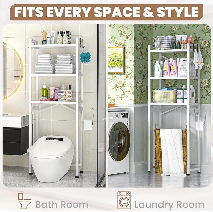 ZZL Over The Toilet Storage,3-Tier,Bathroom Toilet Organizer,Multifunctional Space Saver Freestanding Bathroom Shelves with 4 Hooks,White - ModernBath