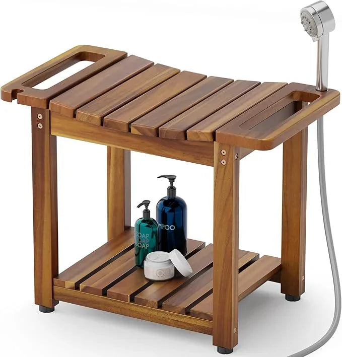 BLUEWEST Shower Bench Seat with Storage Shelf, Natural Wood Shower Benches for Inside Shower to Sit on, Waterproof Bathroom Spa Bench Stool for Legs Shaving with Built-in Handle & Shower Head Holder - ModernBath