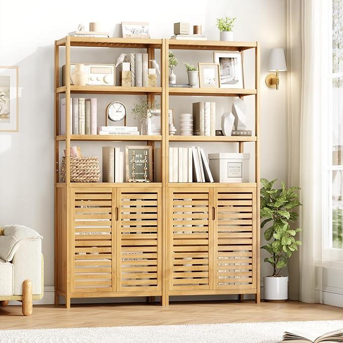 HIFIT Tall Bathroom Storage Cabinet, 66" Bamboo Narrow Bathroom Floor Cabinet with 2 Door & 4-Tier Open Shelves, Corner Tall Cabinets Freestanding Organizer Unit for Bath, Living Room, Entryway,Nature - ModernBath