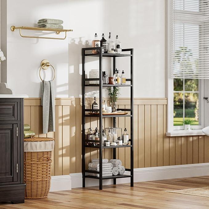 HITNET 5 Tier Narrow Bookshelf, Bamboo Bookcase, Slim Tall Storage Rack Free Standing Shelving Unit with Adjustable Shelves for Living Room Bedroom Bathroom, Black - ModernBath
