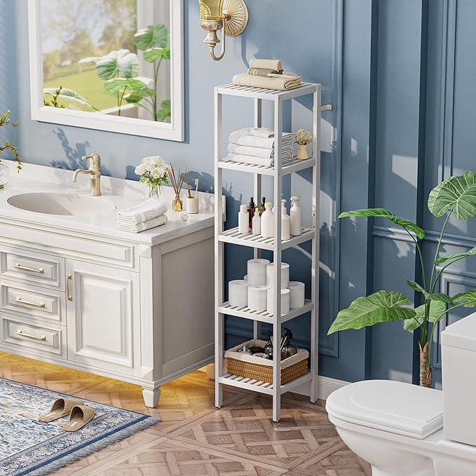 SMIBUY Bathroom Storage Shelf, 5-Tier Bamboo Rack Organizer, Multifunctional Shelving Unit for Living Room Bedroom Kitchen (White) - ModernBath