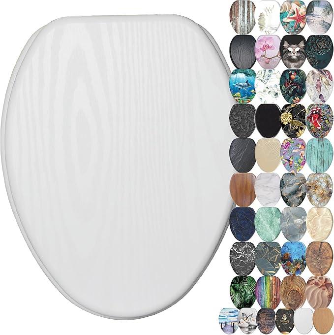 SANILO Wooden Toilet Seat with Soft Close [ELONGATED] - Decorative, Quiet & Slow Close Molded Wood Seat - With Strong Bumpers & Hinges - Adjustable Fit - White Wood - ModernBath