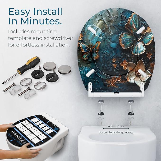 Sanilo Wooden Toilet Seat with Quick Release & Soft Close [ROUND] - Decorative & Slow Close Molded Wood Seat - With One Click for Easy Installation & Cleaning - With Adjustable Fit (Mariposa) - ModernBath