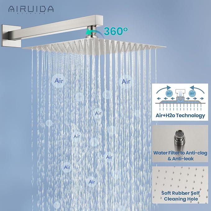 Airuida Shower Faucet Set Bathroom Rain Shower System SUS304 Stainless Steel Single Handle With Male Threads Rough-in Valve Shower Trim Kit 12 Inch Wall Mount Shower Head Brushed Nickel - ModernBath