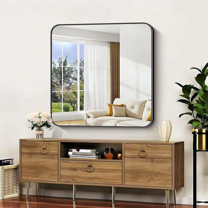 CIVENO Bathroom Mirror, 39x39 inch Black Square Wall Mirror, Metal Frame Rounded Corner Vanity Mirror, Large Wall Mounted Mirror for Modern Bedroom Living Room Horizontal Or Vertical Mounting - ModernBath