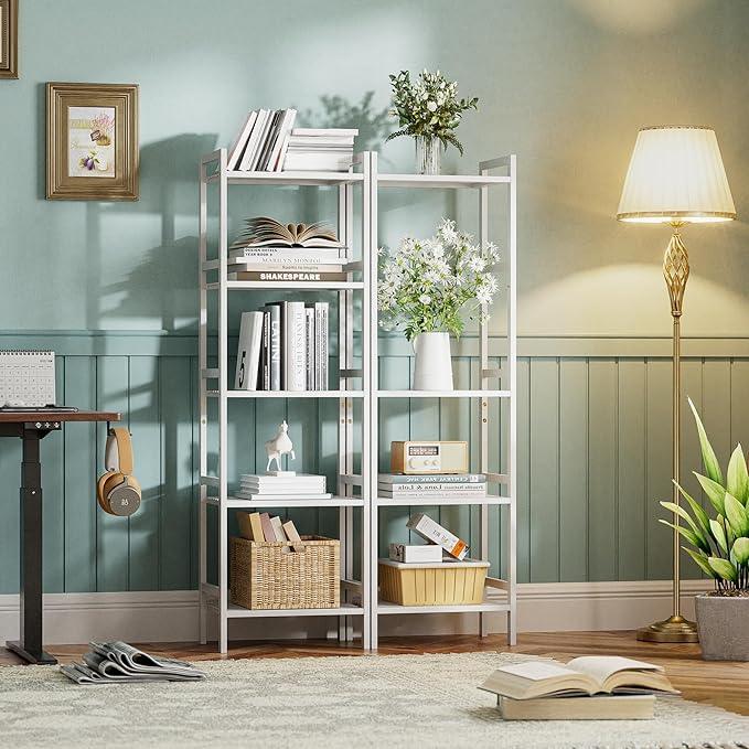 HITNET 5 Tier Bamboo Shelf, Tall Narrow Bookcase, Freestanding Bathroom Storage Unit with Adjustable Shelves, Modern Display Standing Bookshelf for Living Room, Bedroom, Home Office, White - ModernBath