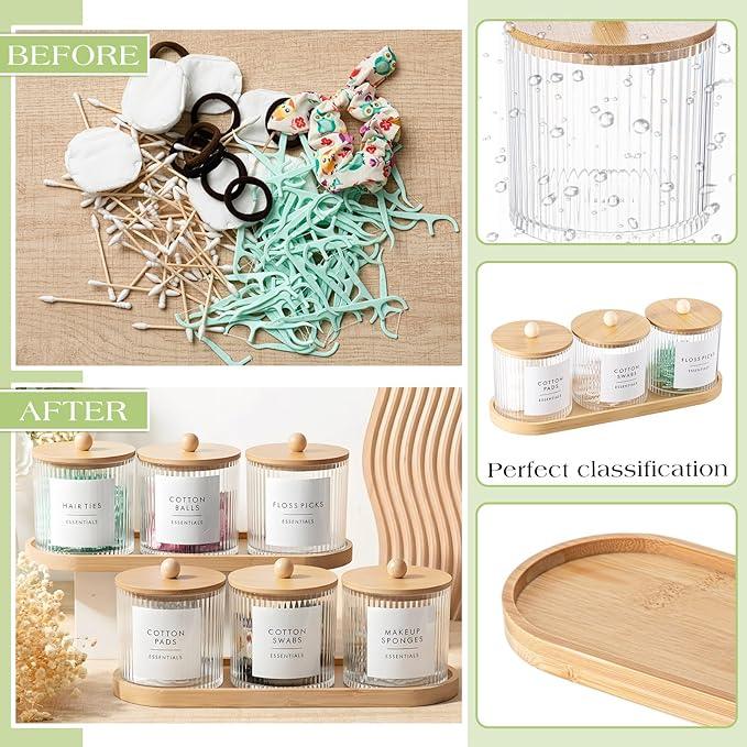 Vesici 6 Pack Bathroom Canisters Ribbed Apothecary Jars with Bamboo Lids 2 Bamboo Trays and 9 Label Stickers Cotton Swabs Holder Bathroom Organizer Storage Set Acrylic 18 oz Dispenser Container(Wood) - ModernBath