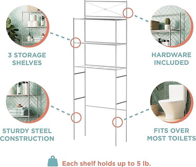 Zenna Home Over the Toilet Storage Shelf Space Saver, Behind Toilet Bathroom Organizer and Storage, Metal Bathroom Organizer with 3 Shelves, Satin Nickel - ModernBath