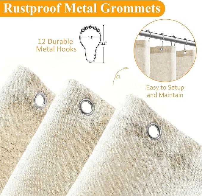 Naturoom Extra Wide Linen Shower Curtain 108x72 for Clawfoot Tub Country Boho Farmhouse Bath Decor Beige Shower Curtains for Bathroom Neutral Cloth Weighted Textured Fabric Bath Curtain, 108 Inch - ModernBath