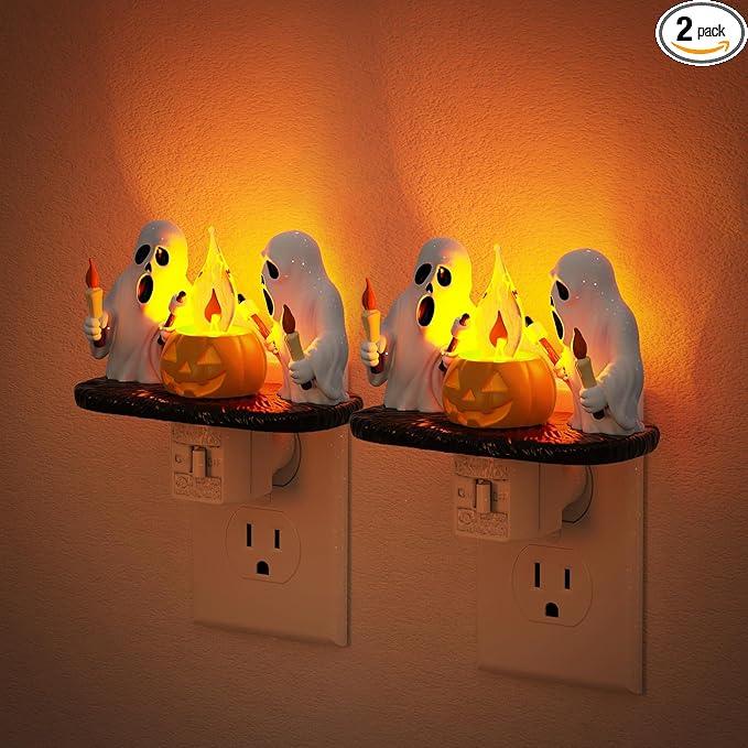 Halloween Night Light,Amber Night Lights Plug into Wall,Cute & Funny Flaming Jumping Night Light,Plug in Ghost & Pumpkin Nightlight with 360° Rotatable for Kids Halloween Party Decor, 2 Pack - ModernBath
