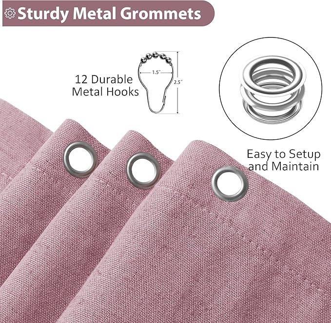Jowels Blush Pink Linen Shower Curtain, Boho Farmhouse Shower Curtain Set for Bathroom, 200GSM Luxury Weighted Water Resistant Fabric Textured Shower Curtains with 12 Metal Hooks, 72Wx72H - ModernBath