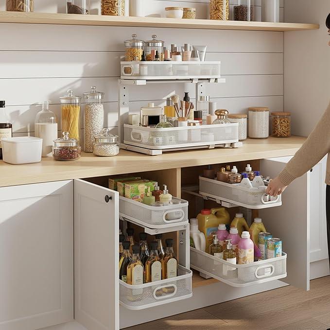 2 Pack Under Sink Organizer, Dual-Layer Pull Out Mesh Cabinet Rack with 5-Level Height Adjustment, Rust-Resistant Sliding Storage for Bathroom & Kitchen, Multi-Purpose 2-Tier Shelf - ModernBath