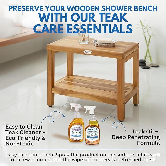 EcoDecors Eleganto 24 Inch Natural Color Waterproof Teak Wood Shower Bench Stool Seat Chair For Inside Shower Provides Safety, Storage, and Organization For Bathroom Accessories - ModernBath