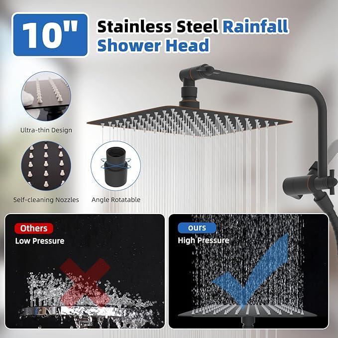 All Metal Shower Head, 10" High Pressure Rainfall/Handheld Shower Combo with 11" Extension Arm, 10-Spray Handheld Showerhead, 71" Long Hose, 3-Way Diverter Valve, Oil Rubbed Bronze - ModernBath