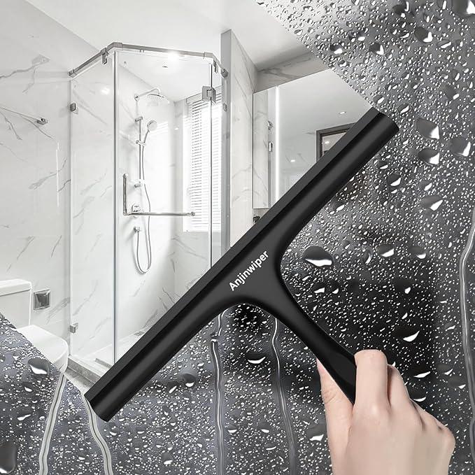 Anjinwiper Shower Squeegee for Glass Doors with Adhesive Hook, Window Squeegee for Shower Glass, Cleaning Tile Wall, Bathroom Cleaner Tool Household Silicone Squeegee(10 inch-Black) - ModernBath