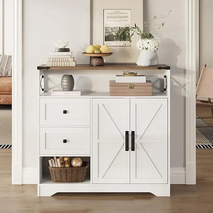 Fameill Farmhouse Storage Cabinet with Drawers and Open Storage,Freestanding Kitchen Pantry with 2 Barn Doors, Floor Cabinet with Adjustable Shelf for Living Room,White - ModernBath