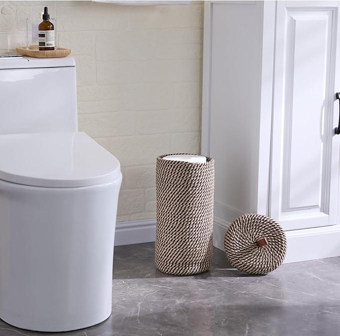 Toilet Paper Holder, Boho Decor Toilet Paper Storage Stand for Bathroom,Cotton Handmade Woven Paper Basket for Mega Roll,3 Rolls of Toilet Tissue Storage (Black) - ModernBath