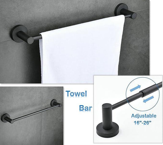 SHUNLI 5-Piece Bathroom Hardware Accessories Set Matte Black (Towel Bar Adjustable 16” to 26”, Toilet Paper Holder, Towel Ring, 2 PCS Towel Hook) Wall Mounted, SUS304 Stainless Steel - ModernBath