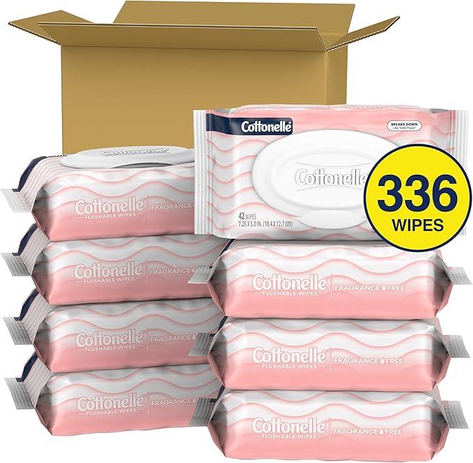 Cottonelle Fragrance Free Flushable Wet Wipes, Adult Wet Wipes, 8 Flip-Top Packs, 42 Wipes Per Pack - ModernBath