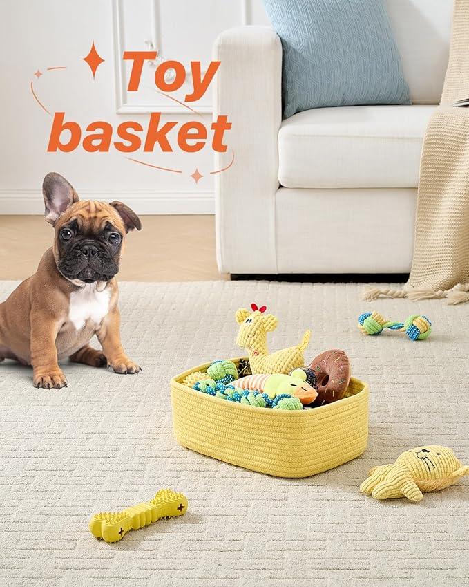 Small Woven Basket, 12 x 8 x 4.5 Inches, Storage Basket for Organizing, Cute Small Rope Shelf Closet Cube Storage Bins Baskets for Shelves, Dog Toy Gift Baskets Empty, 3 Pack Yellow - ModernBath