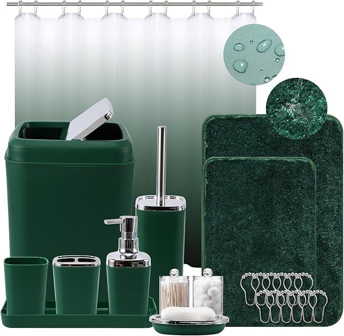 XLHOMO Dark Green Bathroom Accessories Set with Shower Curtain and No-Slip Bath Rugs,24PC Bath Sets with Trash Can, Toothbrush Holder, Cup, Soap Dispenser, Tray, Soap Dish, Toilet Brush, Qtip Holders - ModernBath