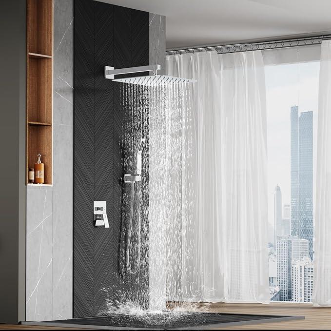 SR SUN RISE Polished Chrome Square Rainfall Shower Head and Handle Set, Wall Mounted Shower Fixtures, Metal Shower Faucet Trim Repair Kits (With Shower Valve) 16 Inches - ModernBath