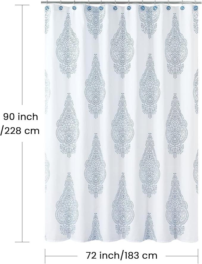 BESTRIPES 90 Inch Fabric Shower Curtain, Extra Long White and Blue Paisley Damask Medallion Print Shower Curtains for Bathroom, 72" W x 90" H - ModernBath