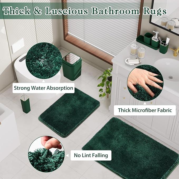 XLHOMO Dark Green Bathroom Accessories Set with Shower Curtain and No-Slip Bath Rugs,24PC Bath Sets with Trash Can, Toothbrush Holder, Cup, Soap Dispenser, Tray, Soap Dish, Toilet Brush, Qtip Holders - ModernBath