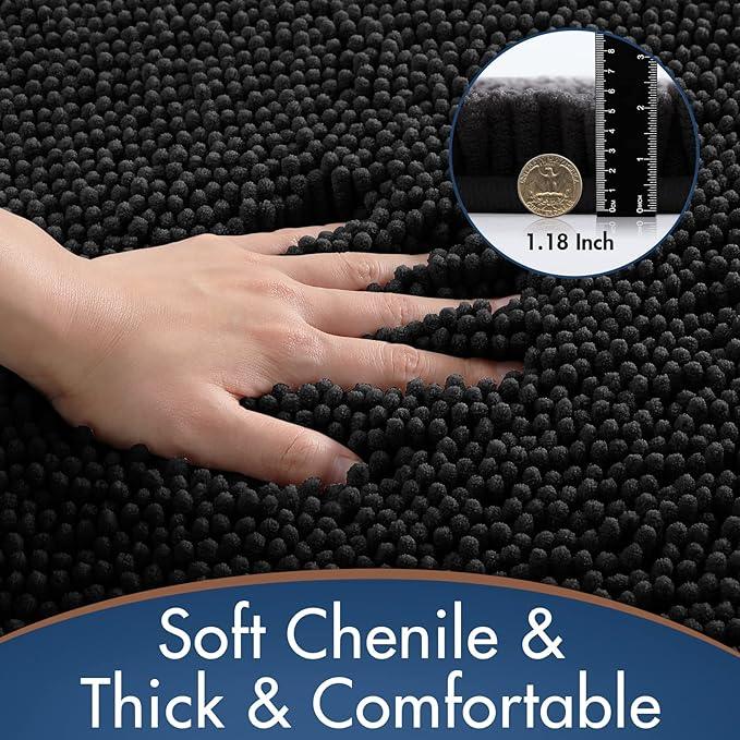 Yimobra Bathroom Rug Mat, Luxury Chenille Shaggy Bath Rugs, Extra Soft & Thick, Absorbent Water, Non-Slip, Machine Washable, Bath Mats for Bath Floor,Tub and Shower 24x20 + 24x17, Black - ModernBath