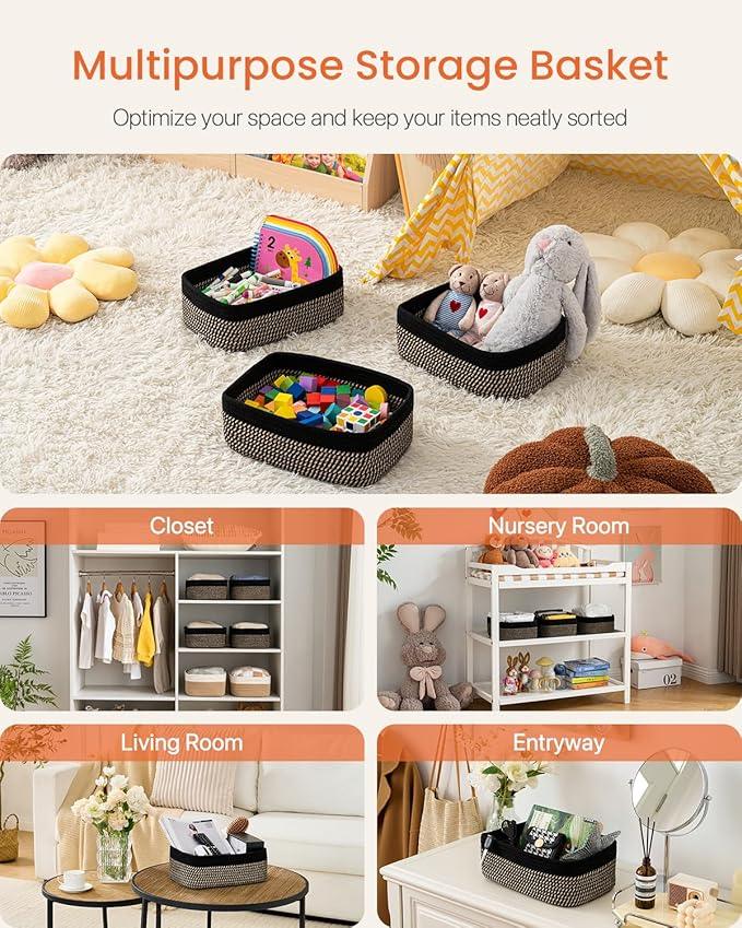 Small Woven Basket, 13.5 x 9.5 x 5 Inches, Storage Basket for Organizing, Cute Small Rope Shelf Closet Cube Storage Bins Baskets for Shelves, Dog Toy Gift Baskets Empty, 3 Pack Black & Brown - ModernBath