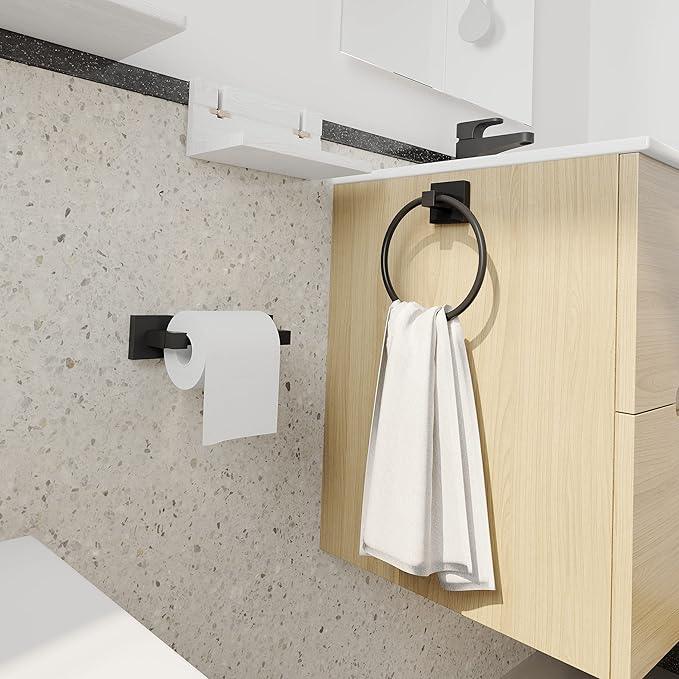 Ruacq Matte Black Toilet Paper Holder Towel Ring Bathroom Accessories Hardware Set Double Post Pivoting Toilet Roll Holder Square Stainless Steel and Zinc Alloy Modern Wall Mounted 2 Pieces - ModernBath