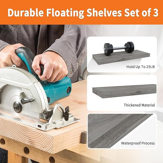 Floating Shelves for Wall Set of 3, 16" Gray Wall Shelves for Home Decor, Frame Display Floating Shelf for Living Room, Bedroom, Bathroom, Kitchen - ModernBath