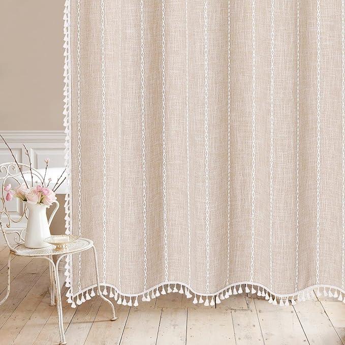 MitoVilla No Hooks Required Boho Farmhouse Shower Curtain with Snap-in Liner, Cotton Linen Fabric Shower Curtains with Tassels for Rustic Neutral Bathroom Decor, Beige/Cream, 72 x 74 - ModernBath