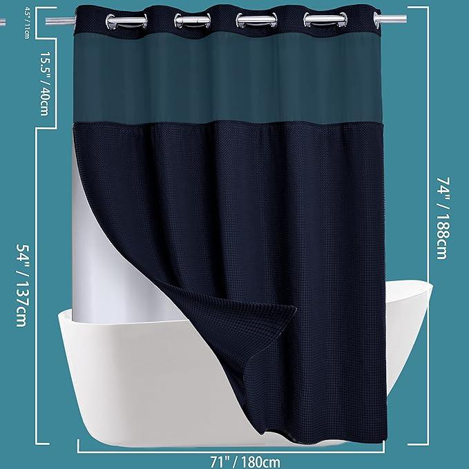 Conbo Mio No Hook Waffle Weave Shower Curtain with Snap in Liner Set, Hotel Luxury Black Shower Curtains for Bathroom with See Through Top Window, Waterproof, Washable 71W x 74H - ModernBath
