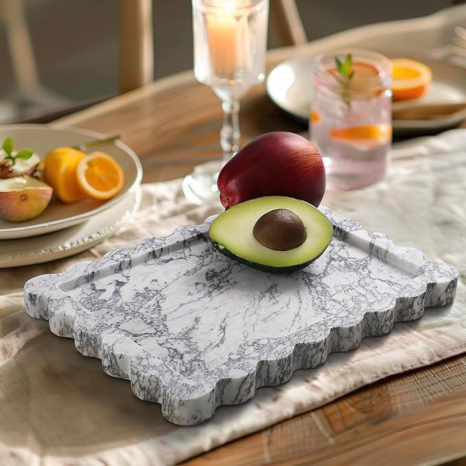 YMXYJM Genuine Scalloped Marble Tray, Real Natural Marble Stone Tray, Luxury Decorative Trays for Bathroom, Dresser, Vanity, Kitchen, Home Decor, 10.6" x 8", Calacatta Gray - ModernBath
