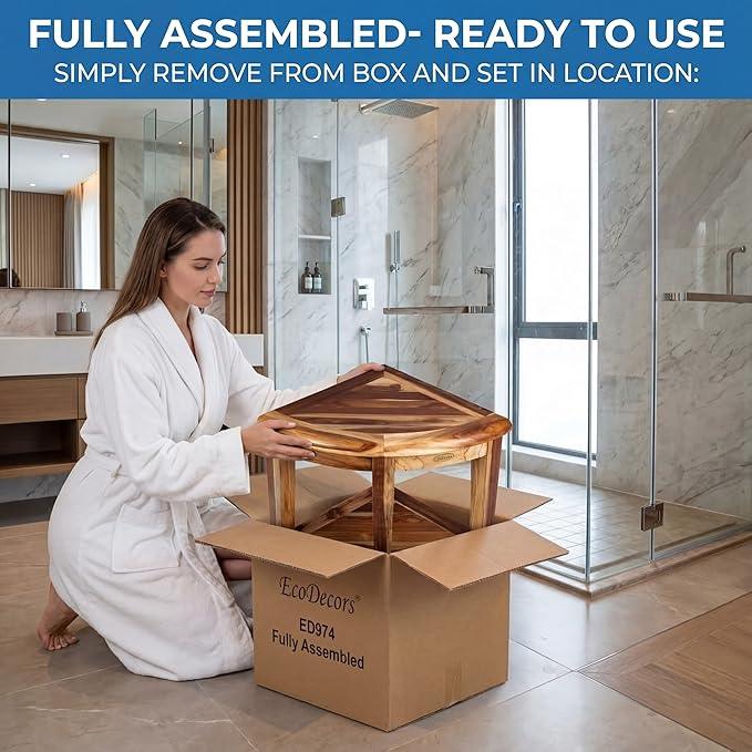 EcoDecors Fully Assembled SnazzyCorner® 18" Teak Shower Bench, Corner Shower Stool, w Shelf in Earthy Teak Finish, Compact Fit for Small Bathrooms & Walk-in Showers – Slip-Resistant Feet - ModernBath