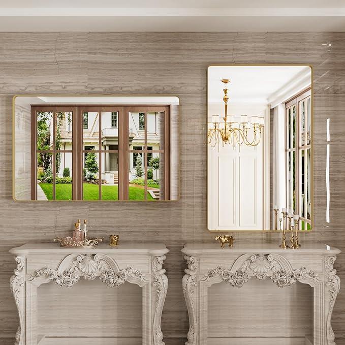 JISOSO Gold Bathroom Mirror, 48x30 Inch Brushed Gold Metal Frame Mirror for Wall, Rounded Rectangle Bathroom Vanity Mirror, Tempered Glass, Anti-Rust, Horizontal/Vertical - ModernBath