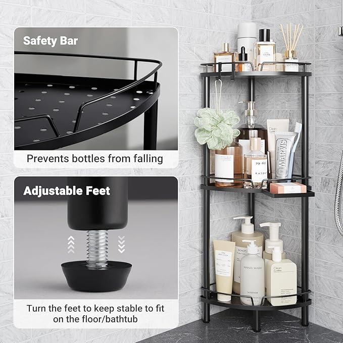 ELYKEN Corner Shower Caddy Standing, 3 Tier Rustproof Metal Shower Organizer with Soap Holder, Floor Shower Corner Shelf Rack Storage Stands with Adjustable Feet & 2 Hooks for Bathroom, Black - ModernBath