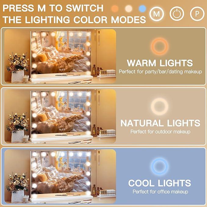 ROLOVE 23"x18" Hollywood Vanity Mirror with Lights, 15 Dimmable LED Bulbs, led Makeup Mirror with 3 Color Modes, Lighted Vanity Mirror for Tabletop or Wall-Mounted - ModernBath