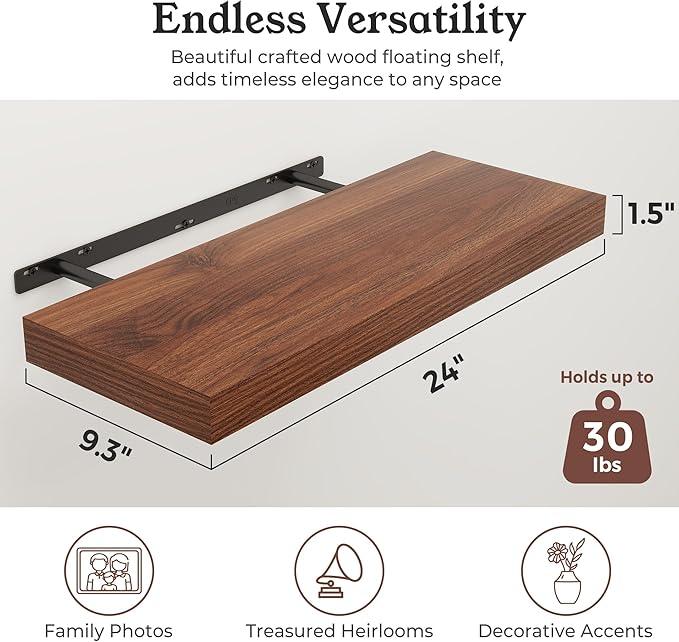 Floating Shelves for Wall, Wall Mounted Rustic Wood Shelves for Bathroom, Bedroom, Living Room, Kitchen, Hanging Shelf for Books/Storage/Room Decor (Walnut, 24") - ModernBath