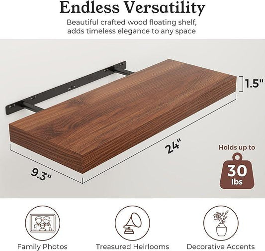 Floating Shelves for Wall, Wall Mounted Rustic Wood Shelves for Bathroom, Bedroom, Living Room, Kitchen, Hanging Shelf for Books/Storage/Room Decor (Walnut, 24") - ModernBath