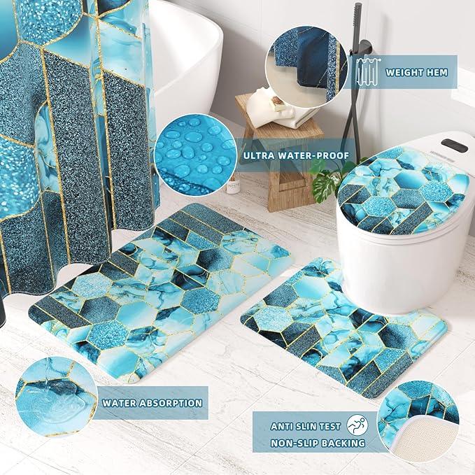 XLHOMO Bathroom Sets with Shower Curtain and Rugs - 4PC Teal Geometric Shower Curtain Set with 12 Hooks, Toilet Cover, U-Shaped Mat and Rugs Modern Abstract Bathroom Accessories for Bathroom - ModernBath